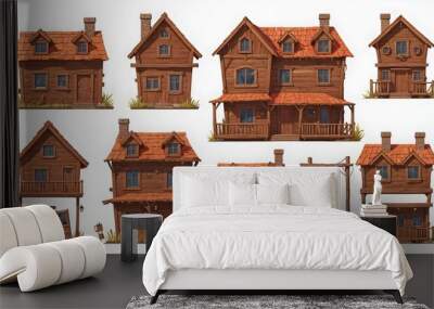 old wooden houses homes game design elements illustrations set on isolated white background Wall mural