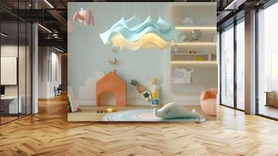 Playroom adorned with an oversized pendant light with a light blue paper shade. Wall mural