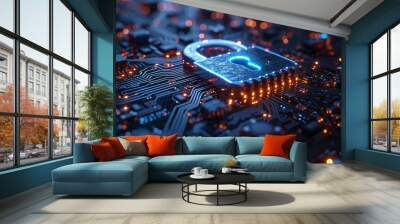 privacy protection banner with padlock on circuit board software web security concept Wall mural