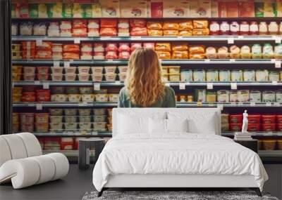 rear view of woman shopping in supermarket Wall mural