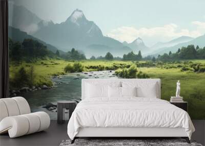 River in the mountains with rocks, grass on the river bank. Beautiful mountain views Wall mural