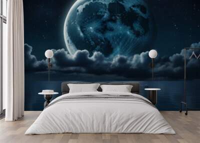 Romantic Moon With Clouds and Starry Sky Over Sparkling Blue Water Wall mural