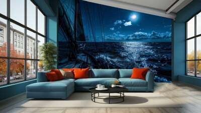 Sailing under moonlit sky on calm ocean at night Wall mural