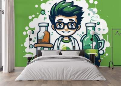 Scientist boy cartoon character. Vector illustration. Isolated on green background. Wall mural