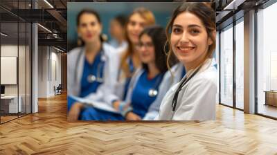 smiling cheerful nurse doctor sit relax in seminar training class nurse doctor group happiness positive face expression in education class hospital background Wall mural