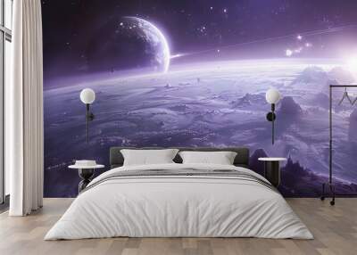 Space shapes and planets in blue purple. Wall mural