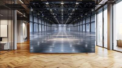 Spacious empty exhibition shed with high ceilings and spotlights, prepared for an event that never took place. Wall mural