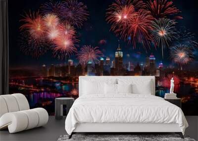 Spectacular explosions of light punctuate the festive darkness, as fireworks paint a breathtaking canvas in the night sky Wall mural