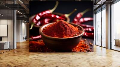 spicy red chilli powder with super chilli background,chilli powder with blur background,red chilli powder in bowlwith dry chillies Wall mural