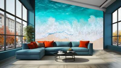 Summer seascape beautiful closeup. Blue sea water in sunny day. Top view from drone. Sea aerial surf, amazing tropical nature background. Mediterranean bright sea bay waves splashing beach sandy coast Wall mural