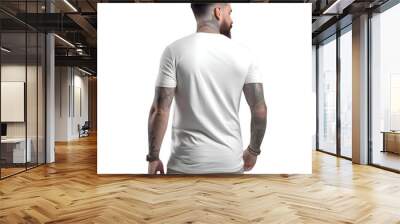 Tattooed man wearing a white t shirt on white background Wall mural