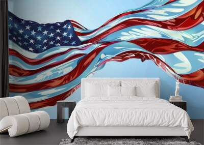 The American flag seen from below, its fabric floating majestically against an expansive and clear blue sky, symbolizing liberty and unity. Wall mural