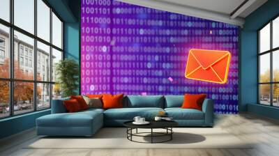 The floating holographic envelope or email icon is on the right side high tech background with space for text. Wall mural