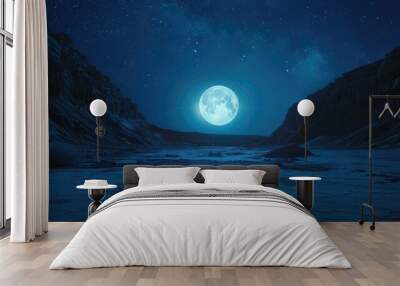 The stark beauty of a desert night, highlighted by a single, radiant light sphere providing a beacon of warmth against the cool tones of the blue and black starry sky. 8k Wall mural