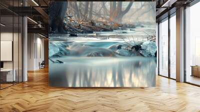 The tranquil flow of a watershed in early spring, with melting ice and budding trees, captured with a clarity filter to enhance the crisp details Wall mural