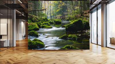 the tranquility of a forest river winding through moss-covered rocks Wall mural