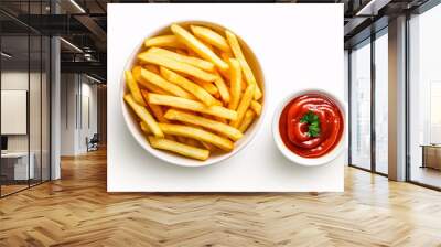 top view of french fries with ketchup on plate Wall mural