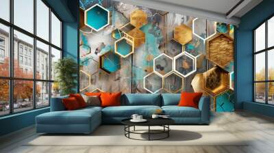 Turquoise and golden elements pop against a floral oak background framed by white lattice tiles. Wall mural