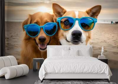 two dogs on the beach taking selfie with sunglass generated by AI tool Wall mural