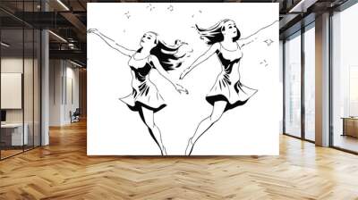 Two girls jumping and flying in the air. black and white vector illustration Wall mural