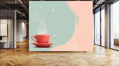 Two steaming cups of hot beverage with floating petals on a pastel background Wall mural