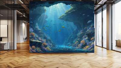 Underwater cave design with swimming fish Wall mural