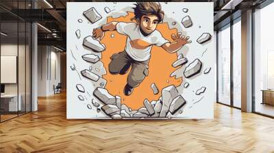 Vector illustration of a young man jumping in a hole of stone. Wall mural