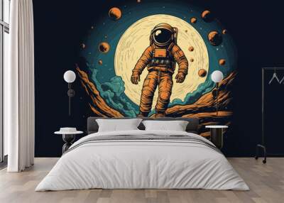 Vector illustration of astronaut helmet in outer space isolated on black. Wall mural