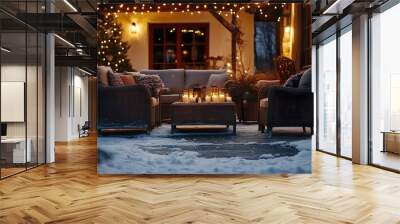 Wicker furniture arranged on a patio under glowing lights, surrounded by snow and a cozy winter atmosphere. Wall mural