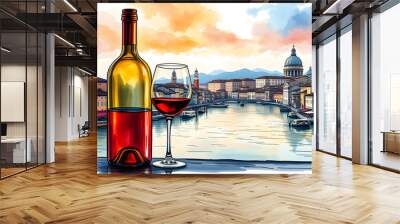 wine bottle and glass simple background Wall mural