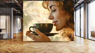 Woman is drinking morning coffee Wall mural