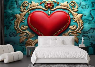 An embroidered red heart with visible stitching and gold beads along the edge, on a turquoise patterned fabric in a Baro.que style Wall mural