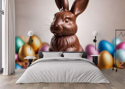 milk chocolate easter bunny surrounded by chocolate easter eggs on white background Wall mural