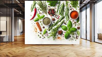 Top view of Herbs and spices isolated on background, ingredients for cooking food, healthy vegetables food, high fibers and vitamins. Wall mural