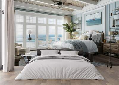 A coastal-inspired bedroom with light, breezy colors, nautical decor, and panoramic views of the ocean, bringing a seaside retreat into the home Wall mural