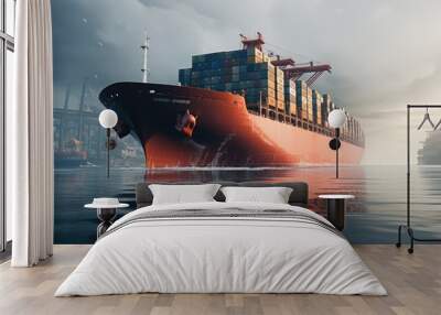 Front view of a medium sized, loaded container cargo vessel traveling with speed over the ocean under cloudy sky Wall mural