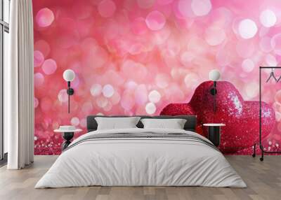 Two sparkling glitter hearts on blurred pink background. Valentine's day. Copy space. Romantic concept. Generative AI. Wall mural