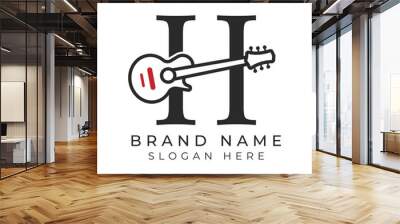 Initial Letter H Guitar icon with Line Art Style for Chord. Alphabet H with Musical instrument logo design Wall mural