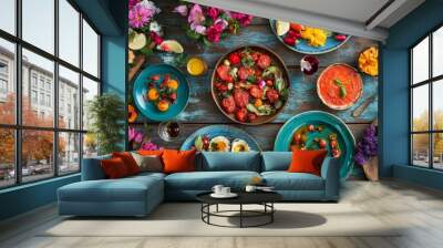 Colorful Food Delicacies on Rustic Wooden Table Wall mural