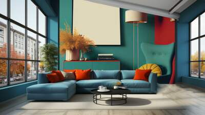 Mockup of a poster and photo frame hanging above a mid-century armchair in a living room |Interior design of a mid-century inspired living room with bold colors and vintage furniture | Generative Ai Wall mural