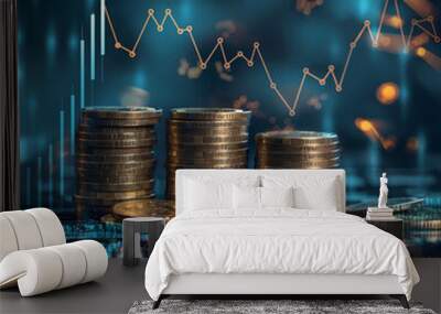 coins and graph, coins and graph on the background of the world, digital illustration of stacked coins and a financial graph Wall mural