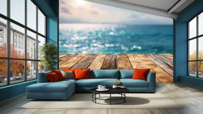 Wooden table top with blurred background of sea and sky, summer vacation concept., wooden pier and sea, wooden pier on the beach, wooden pier on the sea Wall mural