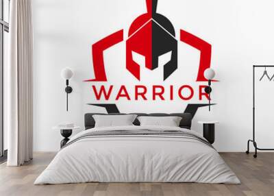 shield and helmet of the Spartan warrior symbol, emblem. Spartan helmet logo, vector illustration of spartan shield and helm, Spartan Greek gladiator helmet armor flat vector icon Wall mural