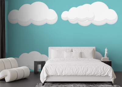 White flat cloud isolated on blue background. round soft cartoon fluffy cloud icon on blue sky. Flat vector illustration Wall mural