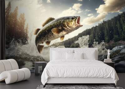 Bass fish jumping out of river water. Generative AI Wall mural