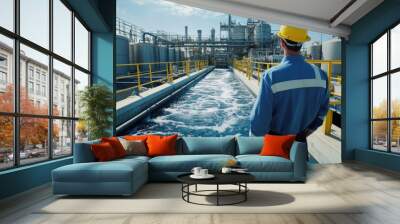 Industrial worker overseeing water treatment plant Wall mural