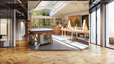 Contemporary art studio with a shed ceiling, allowing ample natural light to illuminate the creative workspace for artistic inspiration. Wall mural