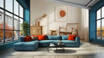 Midcentury modern interior design of a living room with a poster on the wall, an armchair and a wooden side table, a beige carpet, and minimalistic home decor in the scandinavian style Wall mural