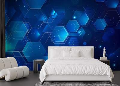 Abstract blue hexagon pattern background vector presentation design with copy space, glowing light effect in the style of technology Wall mural