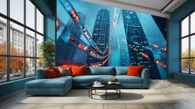 Blockchain network on blurred skyscrapers background. Financial technology and communication concept  Wall mural